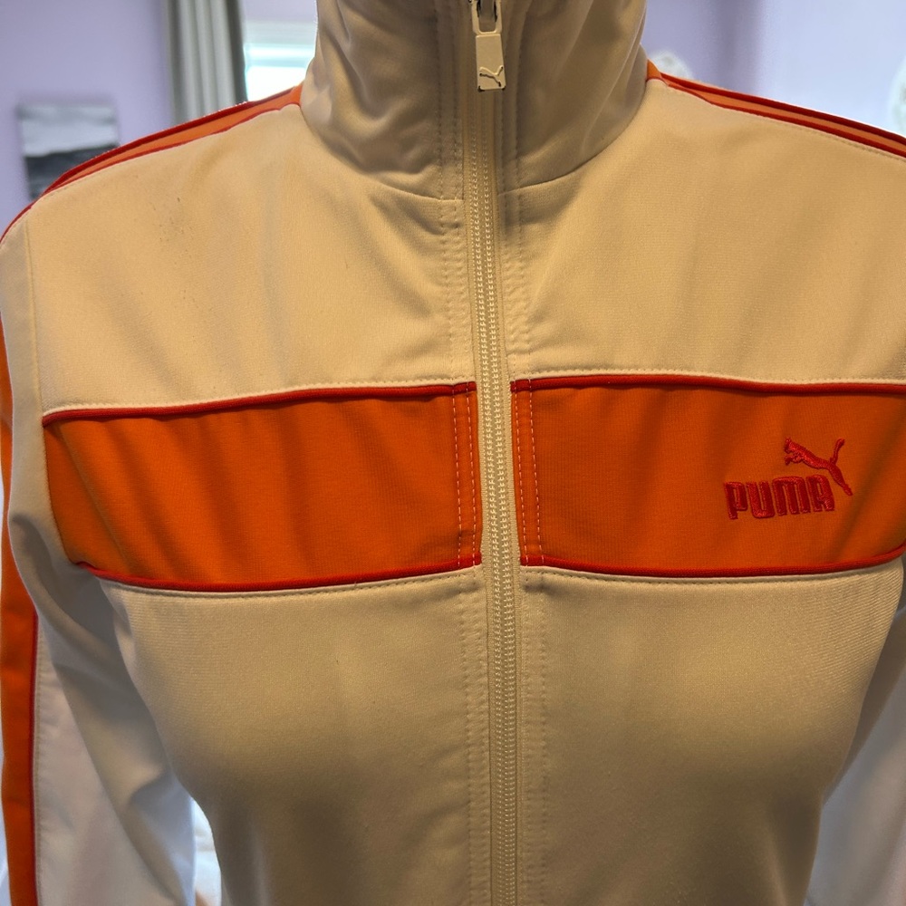 Puma White and Orange Retro Running Jacket with Stand-Up Collar